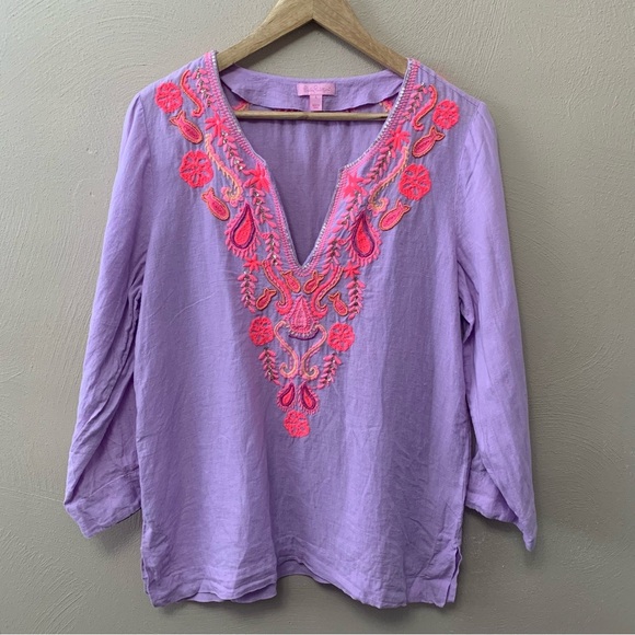Lilly Pulitzer Amelia Island Tunic Lilac Verbena Linen Size Large Purple Pink - Picture 2 of 14
